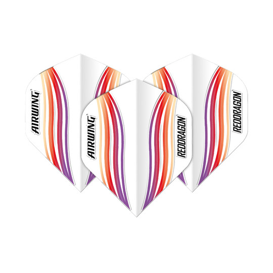 Vols standard Red Dragon Airwing Red Wave Das Bild zeigt drei Dart-Flights mit dem Namen "Red Dragon Airwing Red Wave Standard Flights". Sie sind weiß mit roten, orangen und violetten Wellenlinien und der Aufschrift "AIRWING" und "REDDRAGON".