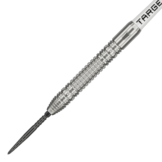 Das Bild zeigt einen Target Shane McGuirk GEN1 Swiss Point Steeldart mit einem Gewicht von 23 Gramm. Der Dartpfeil besteht aus silbernem Metall und hat eine strukturierte Griffzone für besseren Halt.