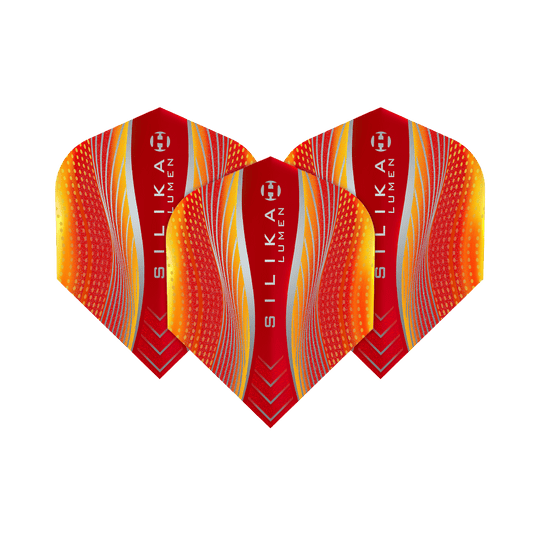Das Bild zeigt drei Harrows Silika Lumen Yellow Red No6 Flights für Darts. Die Flights sind in Rot- und Gelbtönen mit modernen Mustern und dem Silika Lumen Schriftzug gestaltet.