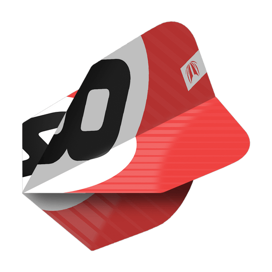 Das Bild zeigt einen roten Dartflight mit dem Produktnamen "Target Pro Ultra Chicane Red No6 Flights". Auf dem Flight sind schwarze und weiße Designelemente sowie ein Logo abgebildet.