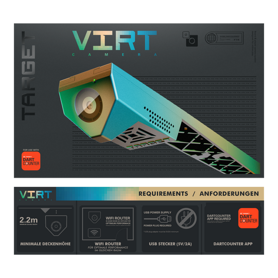 Caméra Target VIRT Das Bild zeigt die Produktverpackung der "Target VIRT Kamera", die in einer modernen, grafischen Gestaltung präsentiert wird. Unten sind die Anforderungen aufgeführt, wie eine Mindestdeckenhöhe von 2,2 m, WLAN-Router, USB-Stecker und die DartCounter App.