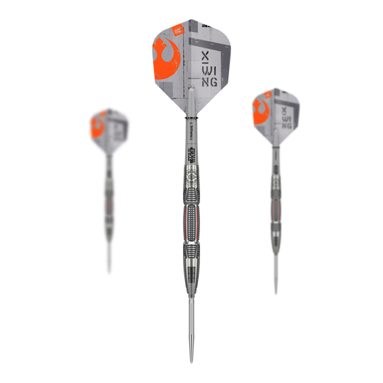 Auf dem Bild ist ein Set der Target Star Wars X-Wing Swiss Point Steeldarts zu sehen. Die Darts zeichnen sich durch ein besonderes Star Wars Design aus.