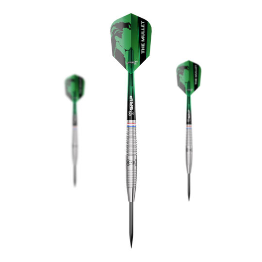 Hier sind die Bulls Danny Jansen G2 Steeldarts als Set zu sehen. Mehrere Dartpfeile werden geordnet präsentiert.
