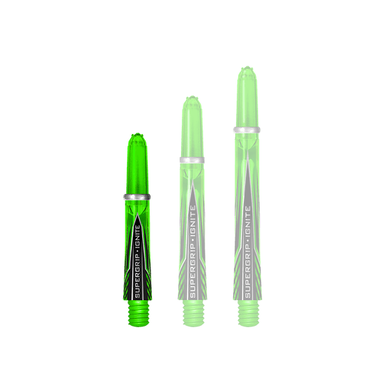 Das Bild zeigt drei grüne Harrows Supergrip Ignite Shafts in unterschiedlichen Längen. Sie sind transparent und haben ein modernes, schwarz-grünes Design mit der Aufschrift "Supergrip Ignite".