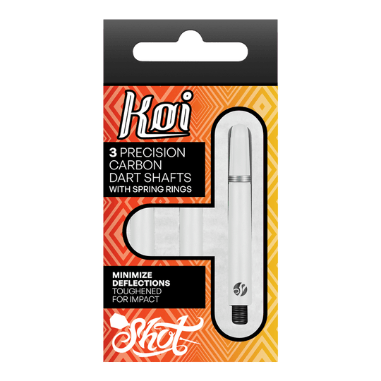 Tiges en carbone Shot Koi - Blanches Die Verpackung zeigt drei präzise Carbon-Dartschäfte mit Sprengringen der Marke Koi. Sie sind darauf ausgelegt, Ablenkungen zu minimieren und für eine hohe Schlagfestigkeit verstärkt.