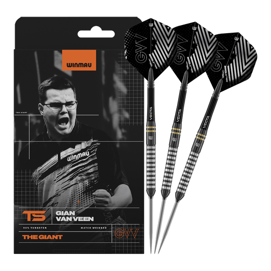 Abgebildet ist Winmau Gian Van Veen TS Switch Point Steeldarts. Die Darts sind vollständig nebeneinander dargestellt.
