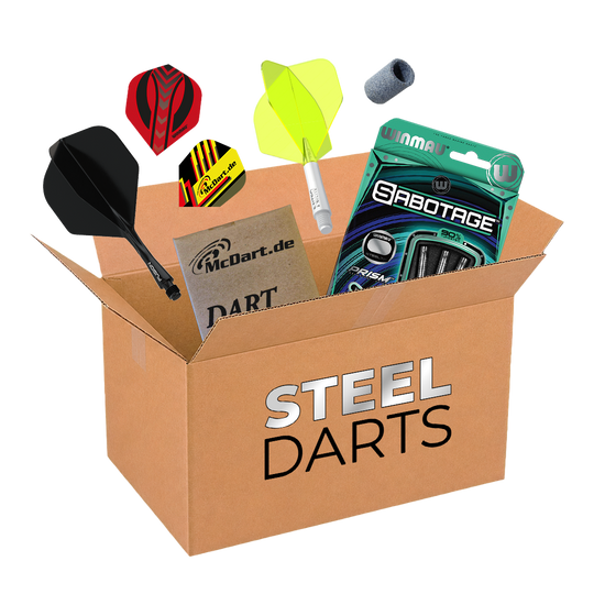 Boîte mystère McDart - Steeldarts Auf dem Bild befindet sich die McDart Mystery-Box - Steeldarts. Die Box beinhaltet verschiedene Steeldarts und Zubehör.