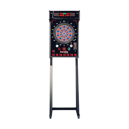 Der Karella E-MASTER Dartautomat mit Münzeinwurf ist ein moderner elektronischer Dartautomat auf einem schwarzen Standfuß. Er verfügt über ein digitales Display, bunte Bedientasten und ein klassisches Dartboard in der Mitte.