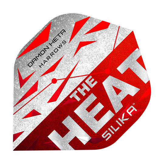 Vols Silika Damon Heta série 3 de Harrow Das Bild zeigt ein Dart-Flugblatt mit dem Namen "Harrows Silika Damon Heta Series 3 Flights". Es ist in den Farben Rot, Weiß und Silber gestaltet und trägt die Aufschrift "THE HEAT SILIKA" sowie "DAMON HETA HARROWS".
