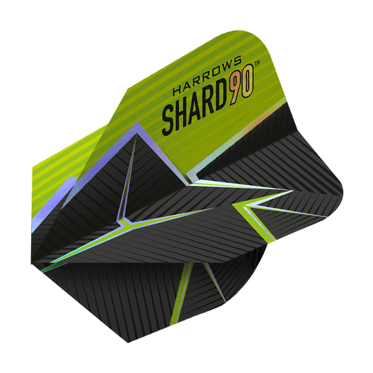 Vols n° 6 de Harrows Prime Shard Das Bild zeigt das Produkt "Harrows Prime Shard No6 Flights". Die Flights haben ein modernes Design in Schwarz mit grünen und gelben Akzenten sowie geometrischen Mustern.