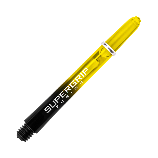 Das Bild zeigt einen Harrows Supergrip Fusion Shafts in Gelb. Der Schaft hat einen schwarzen und gelben Farbverlauf mit weißer Aufschrift.
