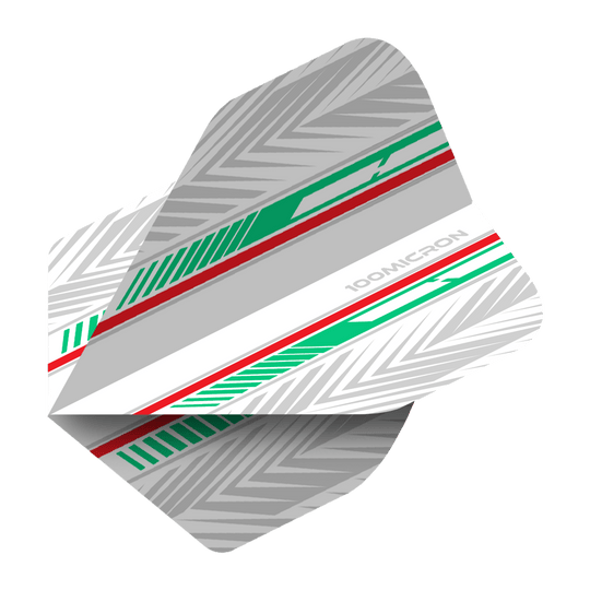 Vols de Pentathlon blanc/vert/rouge Das Bild zeigt ein Dart-Flight mit einem Muster aus weißen, grünen und roten Linien. Auf dem Flight steht die Aufschrift „100 MICRON“.