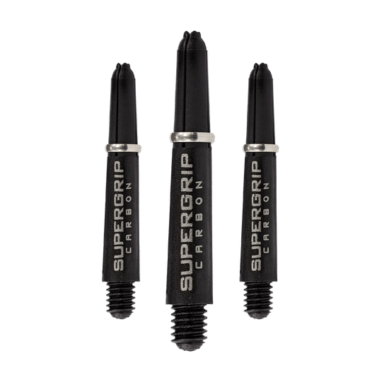 Das Bild zeigt drei Harrows Supergrip Carbon Shafts in Silber. Die Dartschäfte sind aus robustem Carbon gefertigt und haben ein modernes Design.