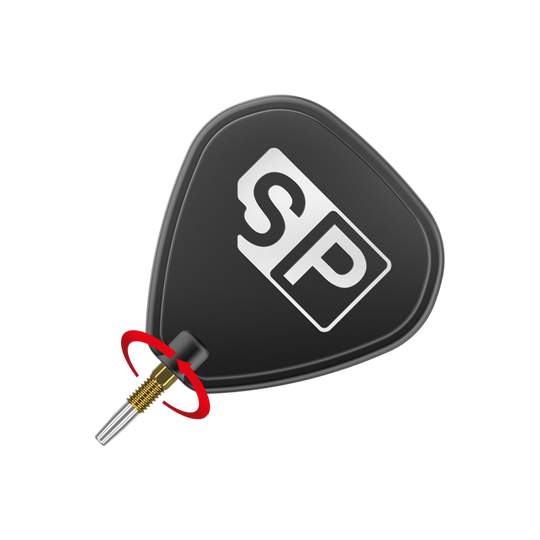 Pointes de fléchettes Target Swiss Point Nano - Or Das Bild zeigt eine schwarze Dart-Flight mit der weißen Aufschrift "SP". Unten ist eine goldfarbene Dartspitze mit silberner Spitze zu sehen.