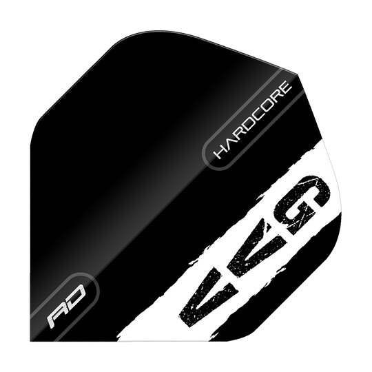 Vols standard Red Dragon Hardcore Gian Van Veen Black Logo Das Bild zeigt ein schwarzes Dart-Flight mit weißen und grauen Akzenten. Auf dem Flight stehen die Wörter "HARDCORE", "RD" und die Buchstaben "GVG".