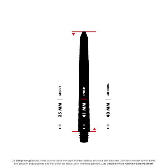 7020_Winmau_Prism_Force_Shafts_5_41mmiHJMP4rLRPHmX Das Bild zeigt die Längenangaben der Winmau Prism Force Shafts in der Farbe Clear. Es werden die Größen Short (35 mm), Inter (41 mm) und Medium (48 mm) dargestellt, wobei das Gewinde nicht mit eingerechnet wird.