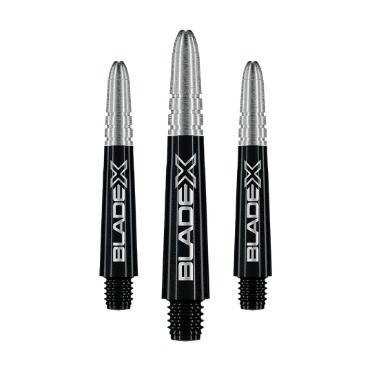 Manche Winmau Vecta Blade X - Noir Gezeigt wird ein Set schwarzer Dartshafts mit der Bezeichnung Winmau Vecta Blade X, 34 mm. Das Set ist für Dartspieler geeignet.