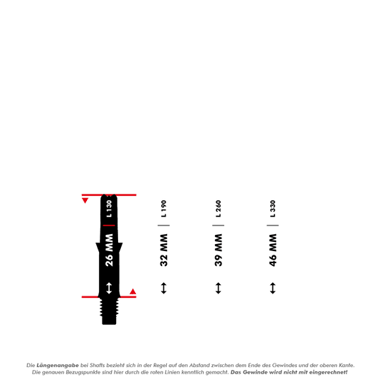 Arbres en L Silent Straight - Noir Das Bild zeigt verschiedene Längen von L-Style L-Shafts ohne Kappen, beginnend bei 26 mm. Die Längenangaben beziehen sich auf den Abstand zwischen dem Gewindeende und der oberen Kante, das Gewinde selbst wird nicht mitgerechnet.