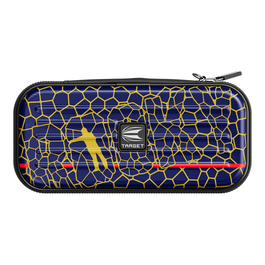 Étui à fléchettes Target Takoma Josh Rock Das Bild zeigt ein Dartcase namens "Target Takoma Josh Rock Dartcase". Das Etui hat ein blaues Muster mit gelben Linien und einem gelben Dartspieler sowie dem Target-Logo in der Mitte.