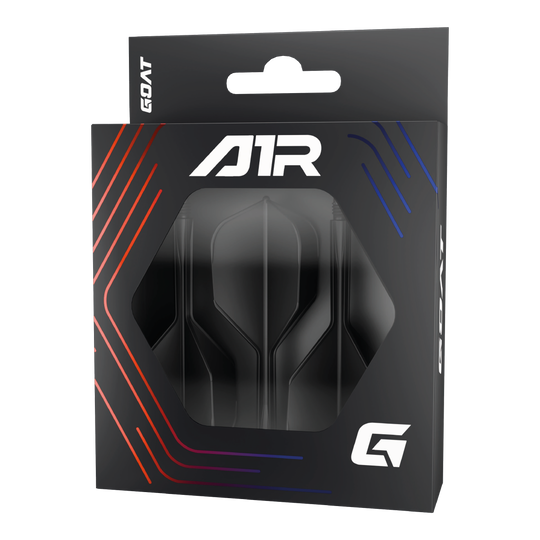 Système d'arbre de vol GOAT A1R No6 - Noir Die Abbildung zeigt die Verpackung des Produkts „GOAT A1R No6 Flight-Shaft-System - Schwarz“. In der schwarzen Schachtel sind Flights und Shafts für Dartpfeile sichtbar.