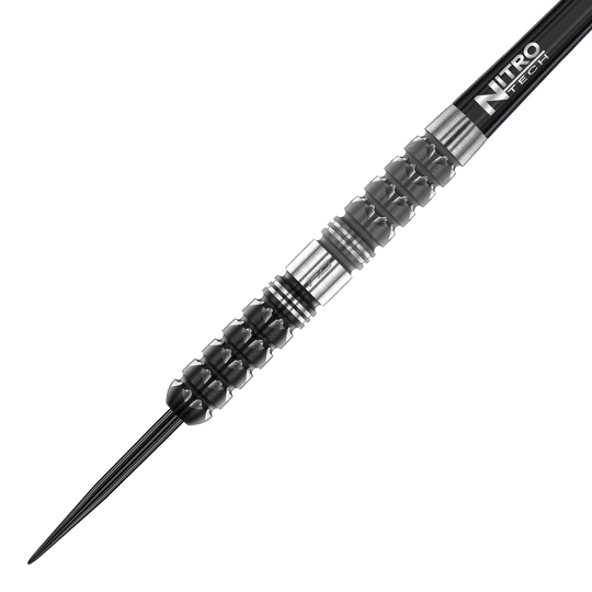 Fléchettes en acier conique Red Dragon Paradym Auf dem Bild ist ein Red Dragon Paradym Tapered Steeldart zu sehen. Der Dart hat ein schwarz-silbernes, strukturiertes Griffstück und eine spitze Metallspitze.