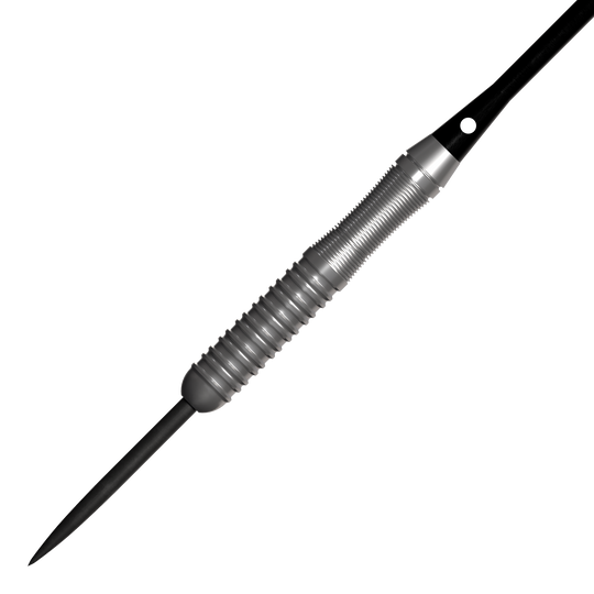 Fléchettes en acier Bulls NL Lightning Pink Das Bild zeigt einen silbernen Steeldartpfeil mit einem geriffelten Griff. Es handelt sich um das Produkt "Bulls NL Lightning Pink Steeldarts".
