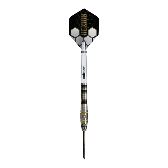 Fléchettes en acier Unicorn Hexium Style 01 Noir et Or Dieses Bild zeigt die Unicorn Hexium Style 01 Black & Gold Steeldarts. Die Steeldarts sind in den Farben Schwarz und Gold gestaltet.