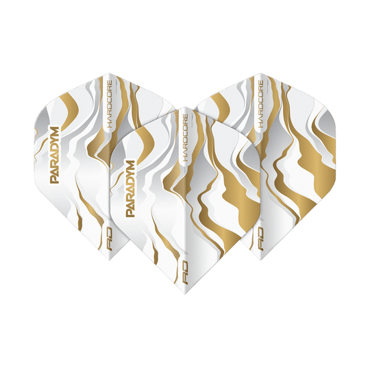 Das Bild zeigt das Set Red Dragon Hardcore Premium Paradym Gold Premium No2 Standard Flights. Die Flights zeichnen sich durch ihr goldfarbenes Design und Premium-Qualität aus.