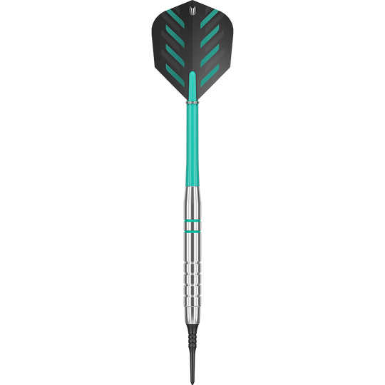 Dies ist ein Target Rob Cross Silver Voltage Softdart mit einem Gewicht von 18g. Der Dart hat eine silberne Spitze, einen türkisfarbenen Schaft und schwarze Flights mit grünen Akzenten.