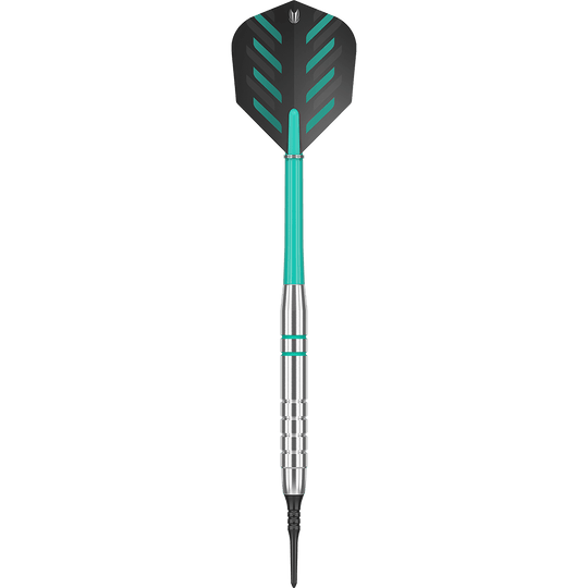 100550_Target_Rob_Cross_Silver_Voltage_Softdarts_1HKmViLZqwgvIe Dies ist ein Target Rob Cross Silver Voltage Softdart mit einem Gewicht von 18g. Der Dart hat eine silberne Spitze, einen türkisfarbenen Schaft und schwarze Flights mit grünen Akzenten.