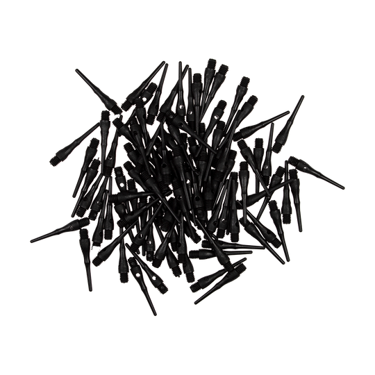 DP03SD_McDart_9er_Softdarts_3 Auf dem Bild sind viele schwarze Softdartspitzen des Produkts "McDart 9er Softdarts" zu sehen. Sie liegen ungeordnet auf einem Haufen.