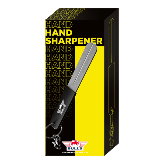 Pierre à aiguiser manuelle Bulls NL Hier sieht man den Bulls NL Hand Sharpener Schleifstein, geeignet zum Nachschärfen von Darts. Das Produkt wird aus einer weiteren Ansicht präsentiert.