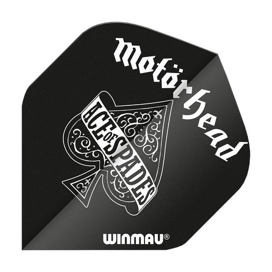 6905-210_Winmau_Rockstar_Legends_Mot-rhead_AoS_Standard_Flights_1 Das Bild zeigt einen schwarzen Dart Flight mit dem Schriftzug „Motörhead“ und einem Ace of Spades Design. Unten steht der Markenname „Winmau“.