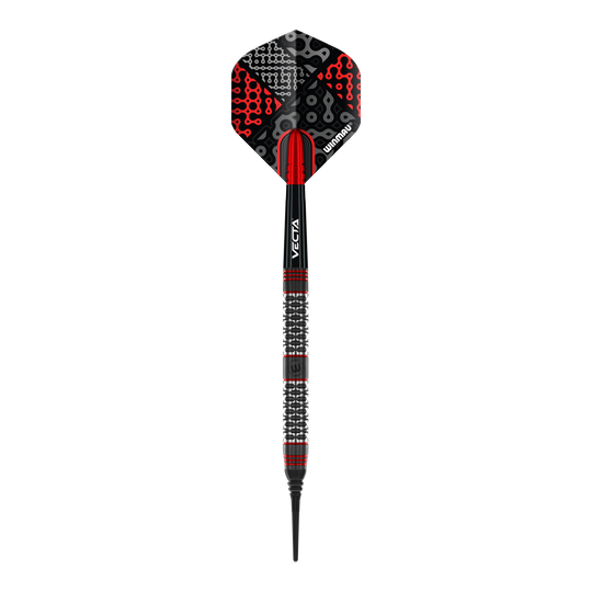 Fléchettes souples Winmau Cypher - 20 g Das Bild zeigt einen Winmau Cypher Softdart mit einem Gewicht von 20 Gramm. Der Dart hat ein modernes Design in Schwarz, Rot und Silber.