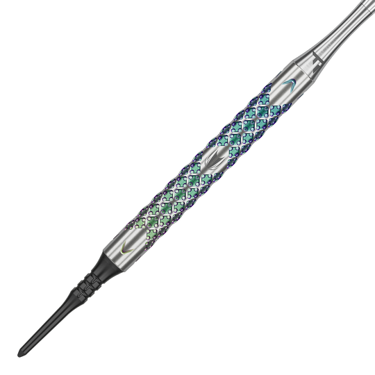 Target Rove 10 fléchettes souples Das Bild zeigt einen Target Rove 10 Softdart mit einem metallischen, bunt schimmernden Griff. Das Design weist eine strukturierte Oberfläche mit feinen Mustern auf.