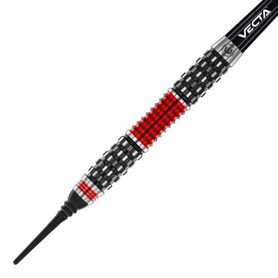 Fléchettes souples Winmau Joe Cullen Rockstar Series RS1 - 20 g Dies ist ein Softdart aus der Winmau Joe Cullen Rockstar Series RS1 mit einem Gewicht von 20g. Der Dart hat ein auffälliges Design mit schwarzen, silbernen und roten Ringen am Barrel.