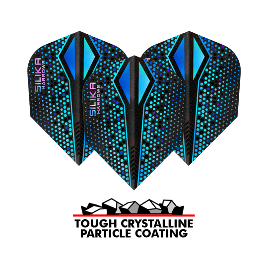 Harrows Silika Colorshift Revêtement cristallin résistant Blue-X No6 Vols Das Bild zeigt drei blaue Harrows Silika Colourshift Tough Crystalline Coating Blue-X No6 Flights. Darunter steht der Schriftzug "Tough Crystalline Particle Coating" mit einer Grafik von Kristallteilchen.