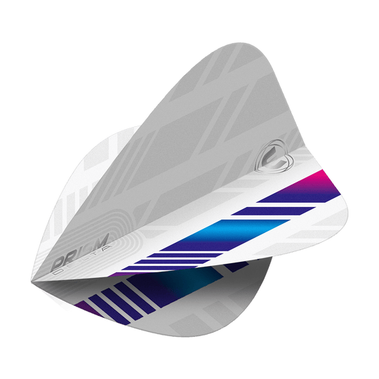 Vols de cerf-volant Winmau Delta blanc bleu violet Das Bild zeigt die Winmau Delta White Blue Purple Kite Flights. Sie sind hauptsächlich weiß mit blauen und lila Akzenten sowie einem modernen, grafischen Muster.