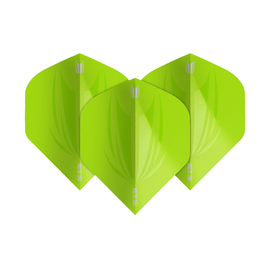 Das Bild zeigt drei limegrüne Standard-Flights für Dartpfeile. Die Flights tragen die Aufschrift "ProUltra ID" und haben ein modernes, glänzendes Design.