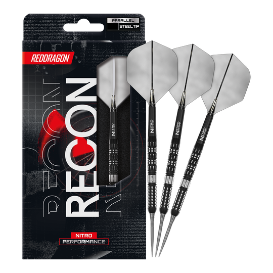 Fléchettes en acier parallèles Red Dragon Recon Auf diesem Bild erkennt man die Red Dragon Recon Parallel Steeldarts in voller Länge. Diese Darts sind für eine gleichmäßige Wurfbalance bekannt.