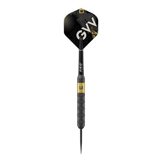 Das Bild zeigt Winmau Gian Van Veen Core Brass Steeldarts mit einem Gewicht von 21 Gramm. Die Steeldarts sind aus einer seitlichen Perspektive zu sehen.