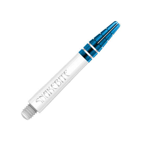 Das Bild zeigt einen Red Dragon Nitrotech Peter Wright Blue Shaft mit einer Länge von 39 mm. Der Schaft ist weiß mit blauen Metallringen und trägt die Aufschrift "SNAKEBITE".