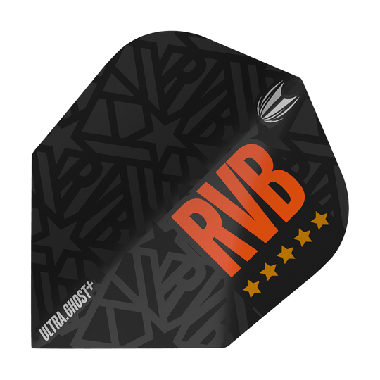 Das Bild zeigt das Produkt "Target Ultra Ghost RvB GEN2 Ten-X Flights". Es ist ein schwarzes Dart-Flight mit dem großen orangefarbenen Schriftzug "RVB" und fünf gelben Sternen.