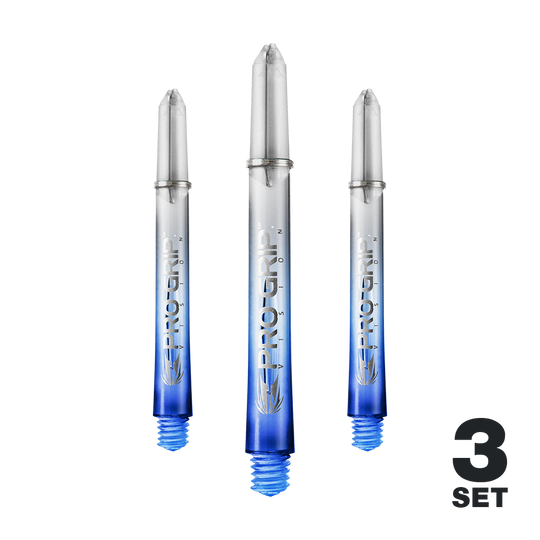 Tiges Target Pro Grip Vision - 3 jeux - Bleues Das Bild zeigt drei blaue "Pro Grip Vision" Shafts für Darts. In der rechten unteren Ecke steht "3 Set".