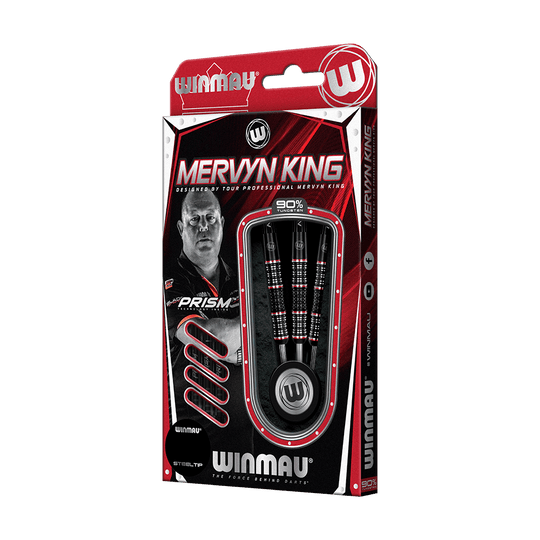 1461_Winmau_Mervyn_King_Special_Edition_Steeldarts_3 Das Bild zeigt die "Winmau Mervyn King Special Edition Steeldarts" in ihrer Verpackung. Die Verpackung ist überwiegend rot und schwarz und zeigt ein Bild von Mervyn King sowie die enthaltenen Steeldarts.