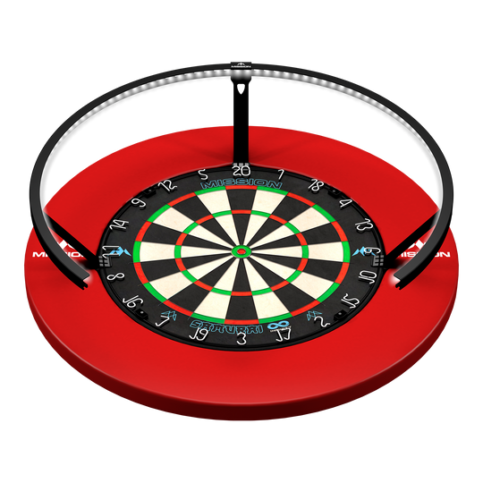 Éclairage LED pour cible de fléchettes Mission Torus 270 - Noir Abgebildet ist die Mission Torus 270 LED Dartboard Beleuchtung in Schwarz. Die Beleuchtung sorgt für optimale Ausleuchtung des Dartboards.