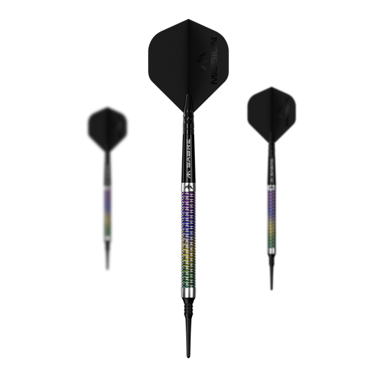 Fléchettes souples Mission Kaleidos - 19 g Mission Kaleidos Softdarts - 19g wird als Set auf dem Bild präsentiert. Mehrere Softdarts sind nebeneinander angeordnet.