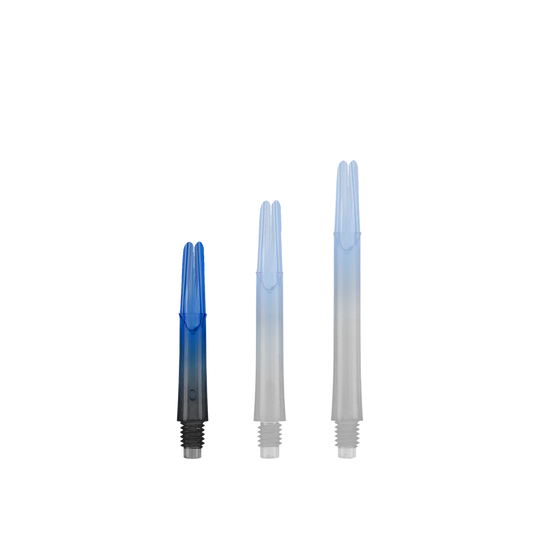Tige en L verrouillée droite Natural9 bicolore - Bleu Das Bild zeigt drei unterschiedlich lange Dartschäfte in Blau und Schwarz. Sie stehen nebeneinander und haben ein gerades Design ohne Kappen.