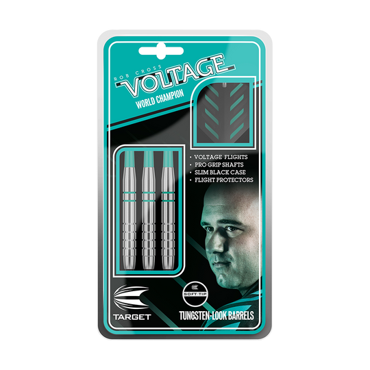 Das Bild zeigt die Verpackung der "Target Rob Cross Silver Voltage Softdarts - 18g". In der Verpackung sind drei silberne Softdarts mit Zubehör wie Flights und Schäften zu sehen.