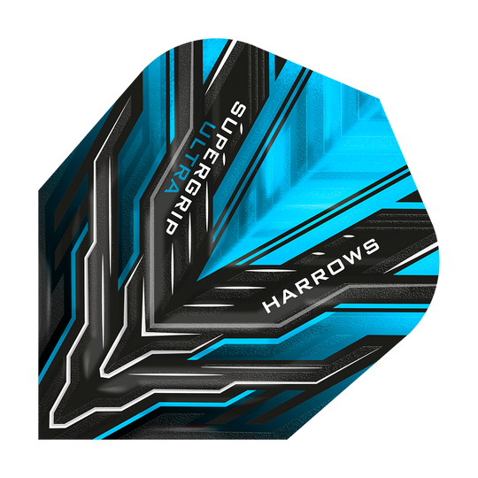 Das Bild zeigt ein Dart-Flight in leuchtendem Blau und Schwarz mit grafischem Muster. Auf dem Flight stehen die Wörter "SUPERGRIP ULTRA" und "HARROWS".